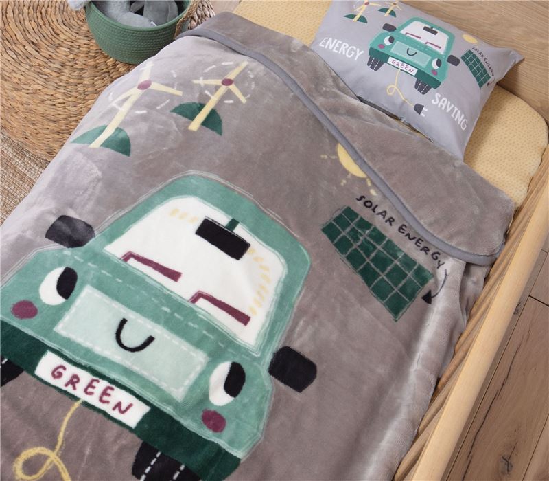 BABY COTBED BLANKET GREEN CAR 100X140