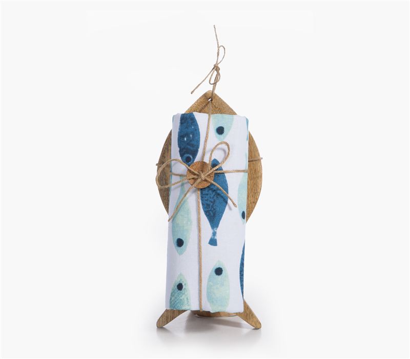 WOODEN FISH WITH KITCHEN TOWEL SARDINES BLUE 40X70